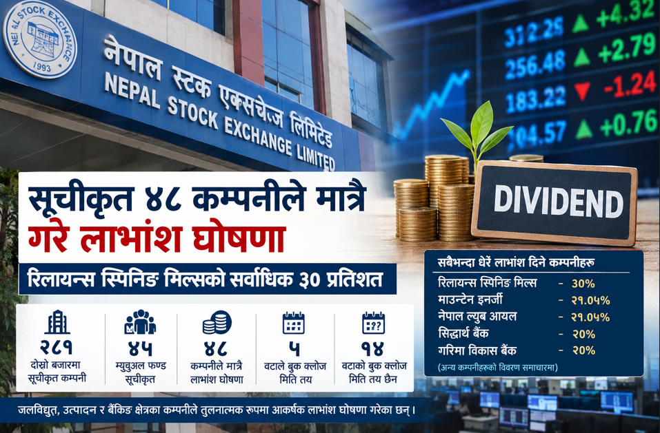 दशै अगाडी ४८ कम्पनीले मात्रै गरे लाभांश घोषणा, रिलायन्स स्पिनिङको सर्वाधिक ३० %: हेर्नुहोस् कुनको कति?